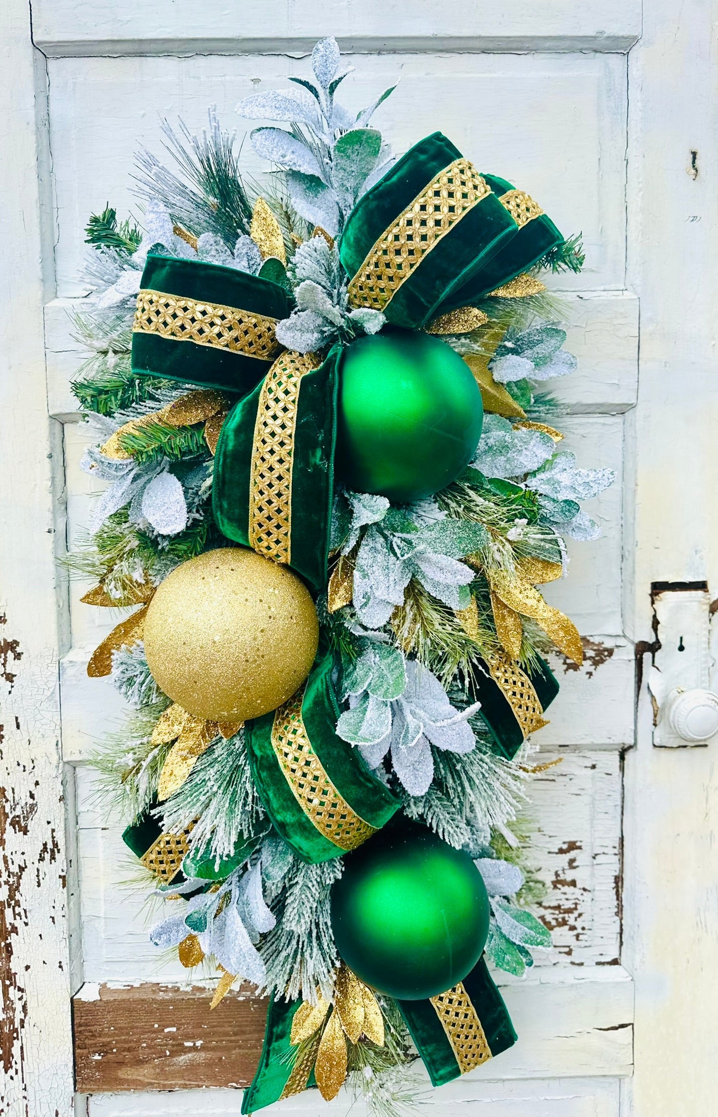 Emerald Green & Gold Christmas Swag | Elegant Velvet Ribbon Holiday Door Swag TCT Crafts