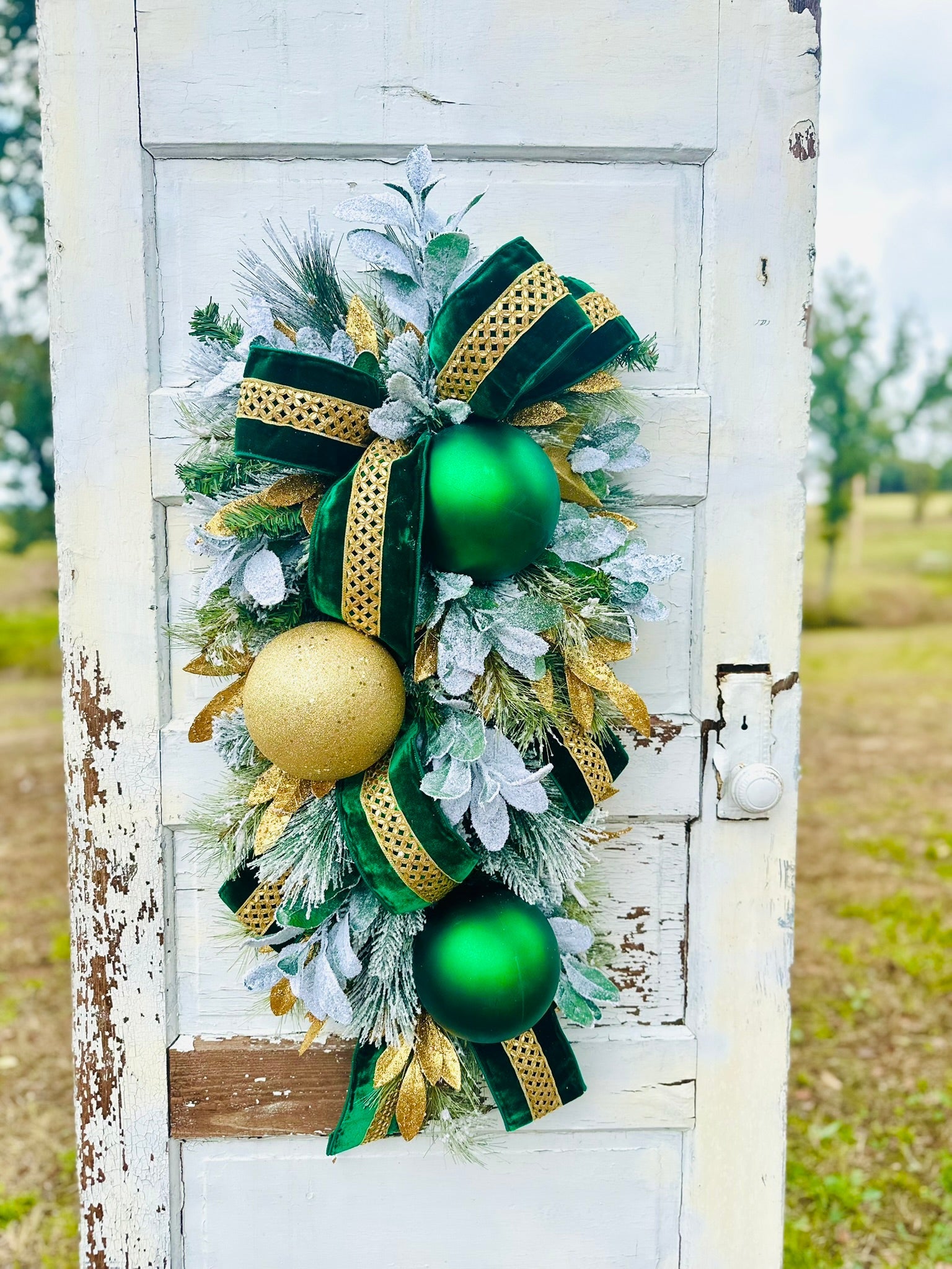 Emerald Green & Gold Christmas Swag | Elegant Velvet Ribbon Holiday Door Swag TCT Crafts