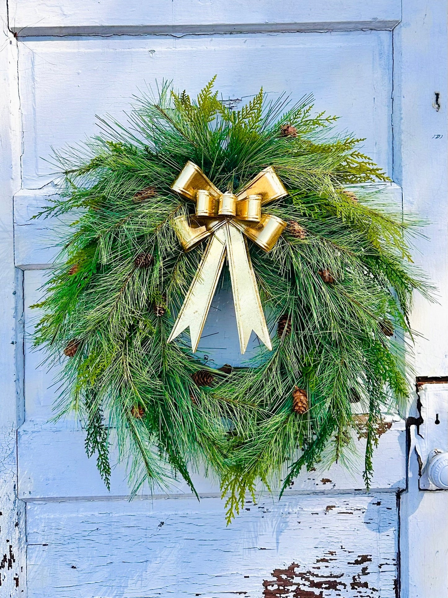 24" Pine Winter Holiday Wreath with Cedar & Gold Bow | Classic Christmas Door Decor TCT Crafts
