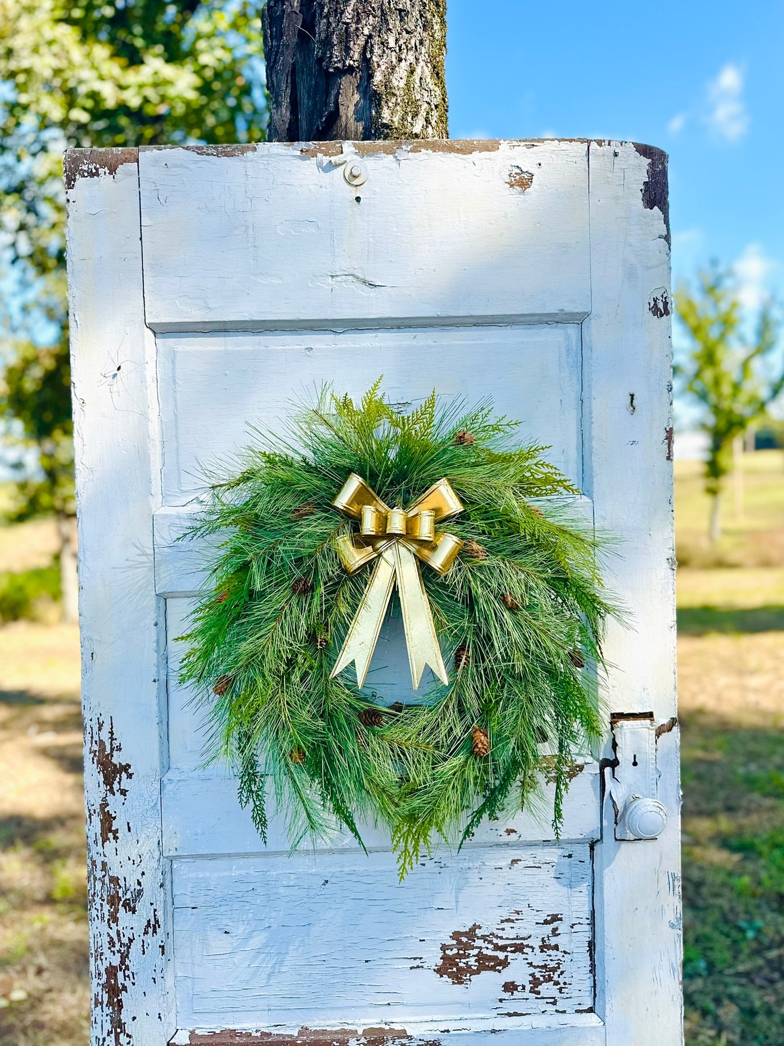 24" Pine Winter Holiday Wreath with Cedar & Gold Bow | Classic Christmas Door Decor TCT Crafts