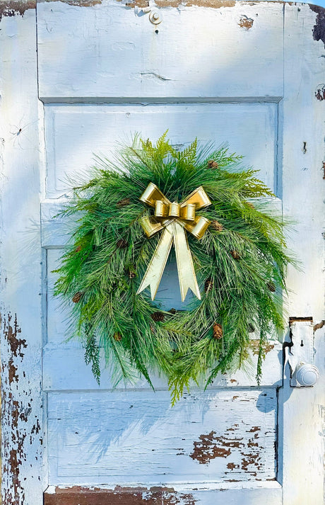 24" Pine Winter Holiday Wreath with Cedar & Gold Bow | Classic Christmas Door Decor TCT Crafts