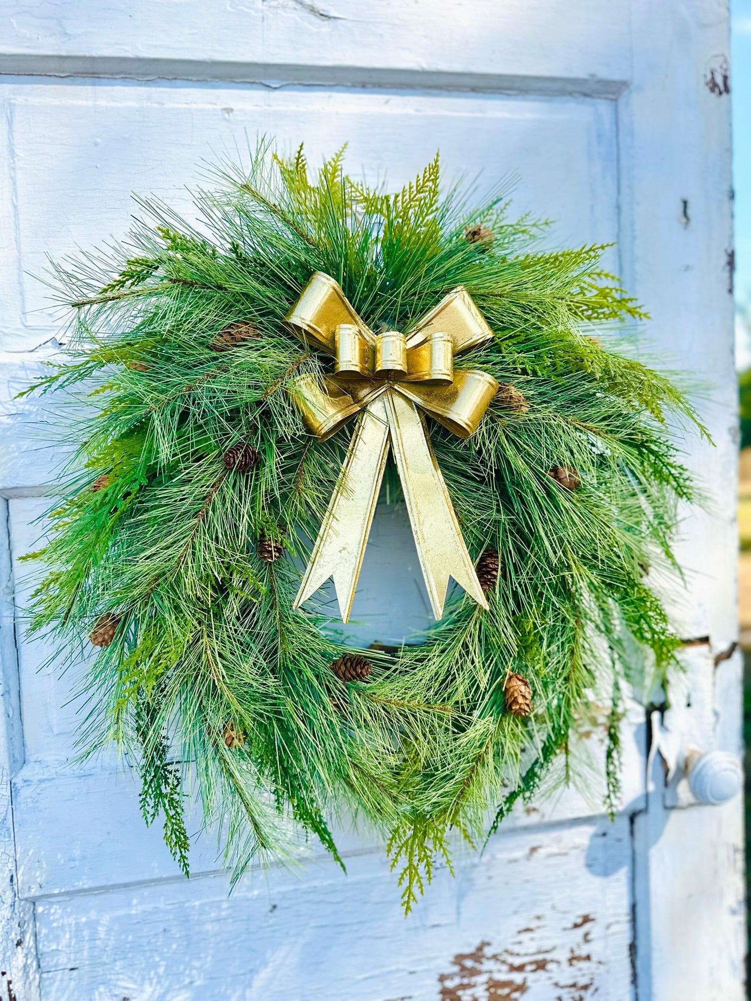 24" Pine Winter Holiday Wreath with Cedar & Gold Bow | Classic Christmas Door Decor TCT Crafts