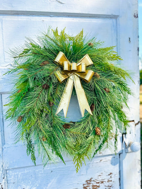 24" Pine Winter Holiday Wreath with Cedar & Gold Bow | Classic Christmas Door Decor TCT Crafts