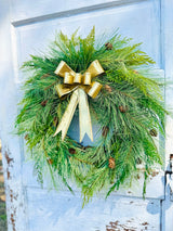 24" Pine Winter Holiday Wreath with Cedar & Gold Bow | Classic Christmas Door Decor TCT Crafts