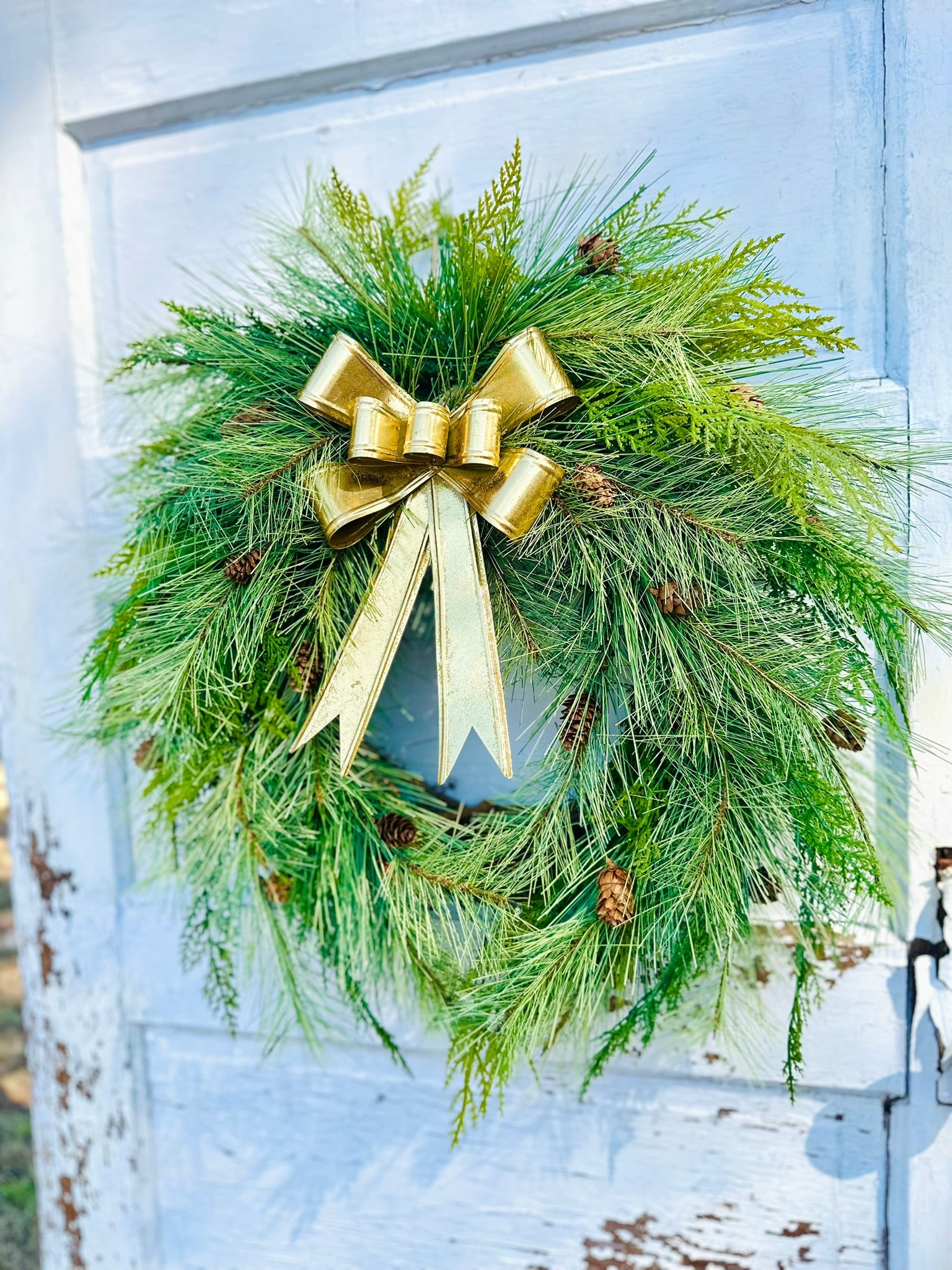 24" Pine Winter Holiday Wreath with Cedar & Gold Bow | Classic Christmas Door Decor TCT Crafts