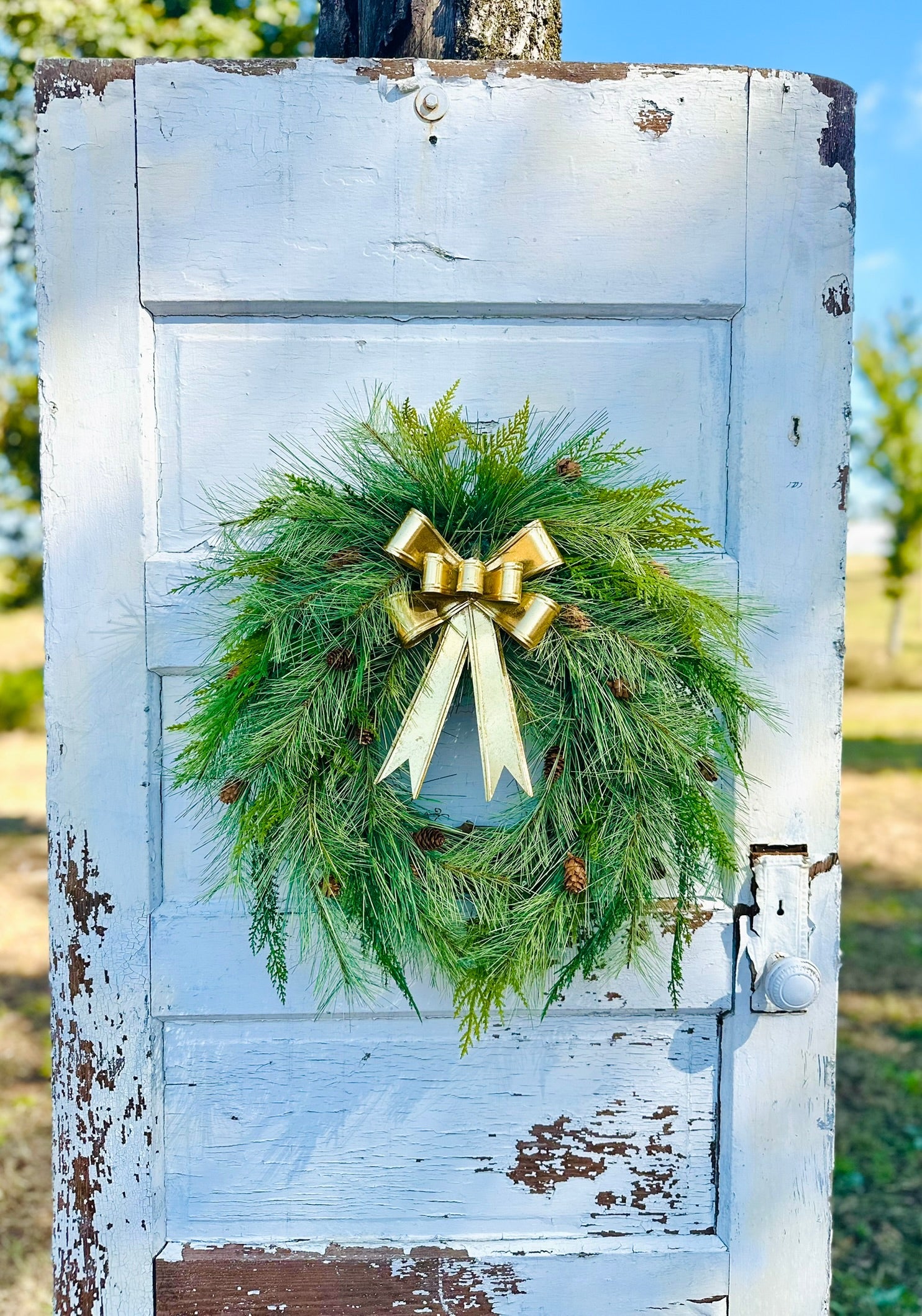 24" Pine Winter Holiday Wreath with Cedar & Gold Bow | Classic Christmas Door Decor TCT Crafts