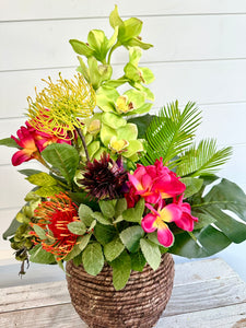 Exotic Plumeria Artificial Arrangement in Woven Basket, Vibrant 24x17 Tropical Decor Centerpiece for Home & Events