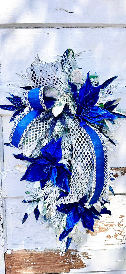Royal Blue & Silver Christmas or Hanukkah Swag | Velvet Poinsettia Winter Door Decoration TCT Crafts