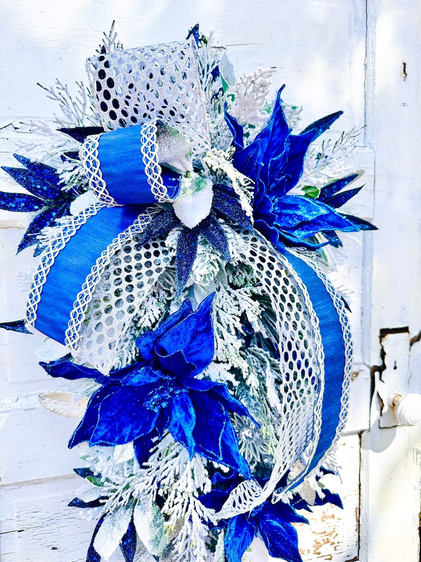 Royal Blue & Silver Christmas or Hanukkah Swag | Velvet Poinsettia Winter Door Decoration TCT Crafts
