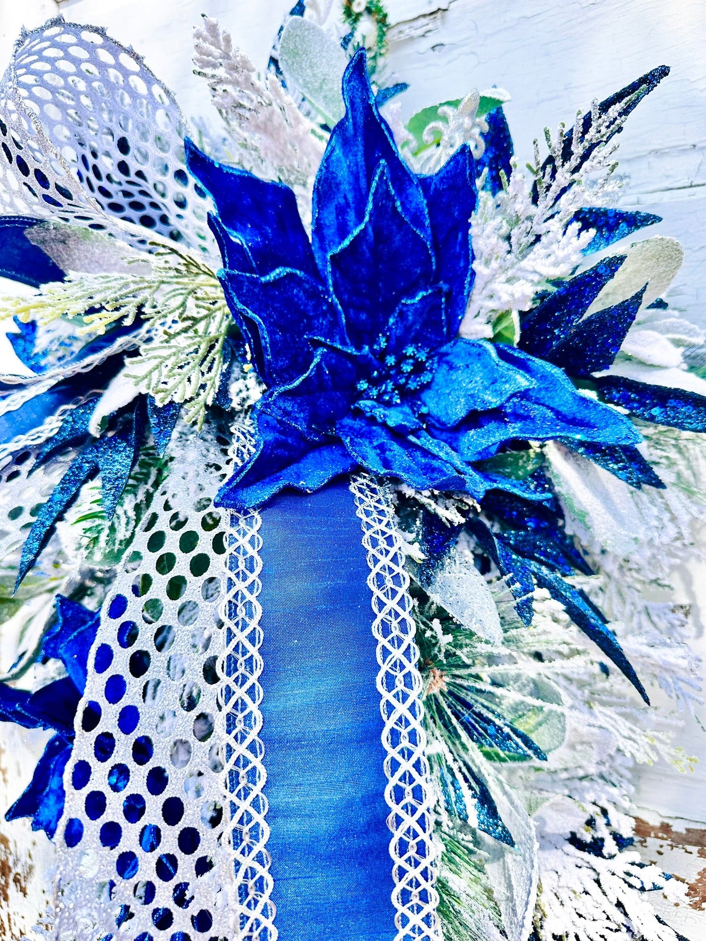 Royal Blue & Silver Christmas or Hanukkah Swag | Velvet Poinsettia Winter Door Decoration TCT Crafts