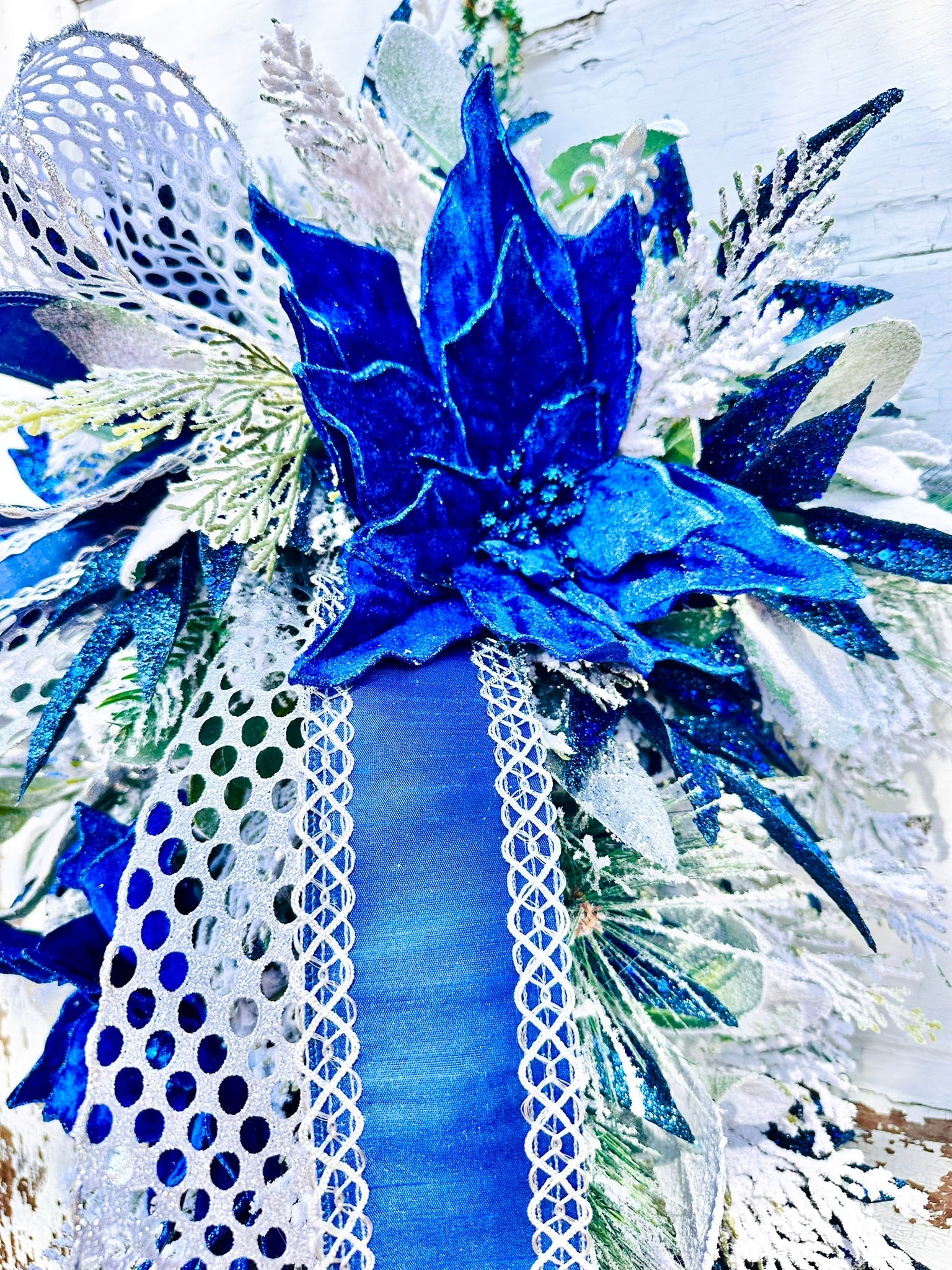 Royal Blue & Silver Christmas or Hanukkah Swag | Velvet Poinsettia Winter Door Decoration TCT Crafts