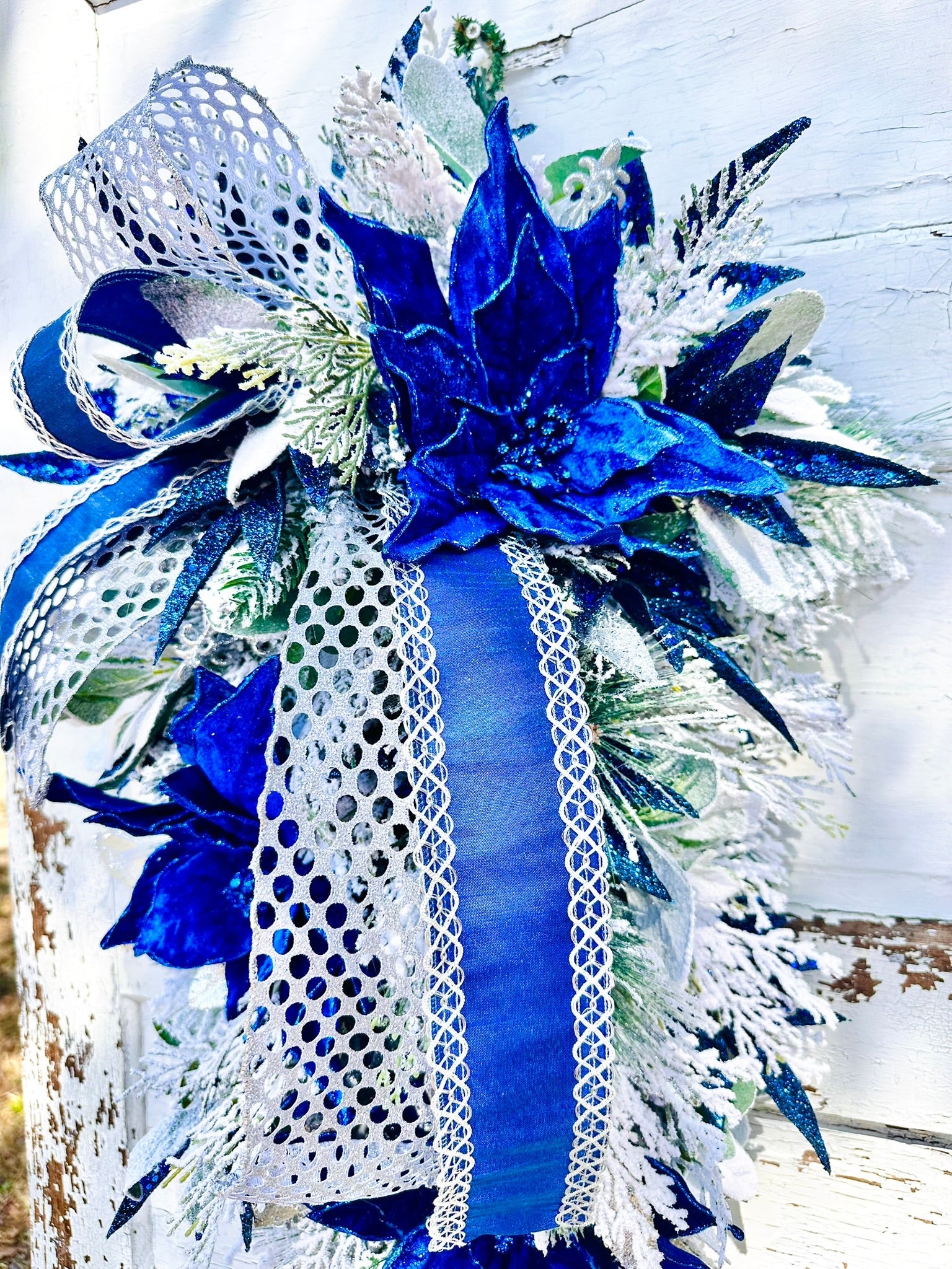 Royal Blue & Silver Christmas or Hanukkah Swag | Velvet Poinsettia Winter Door Decoration TCT Crafts