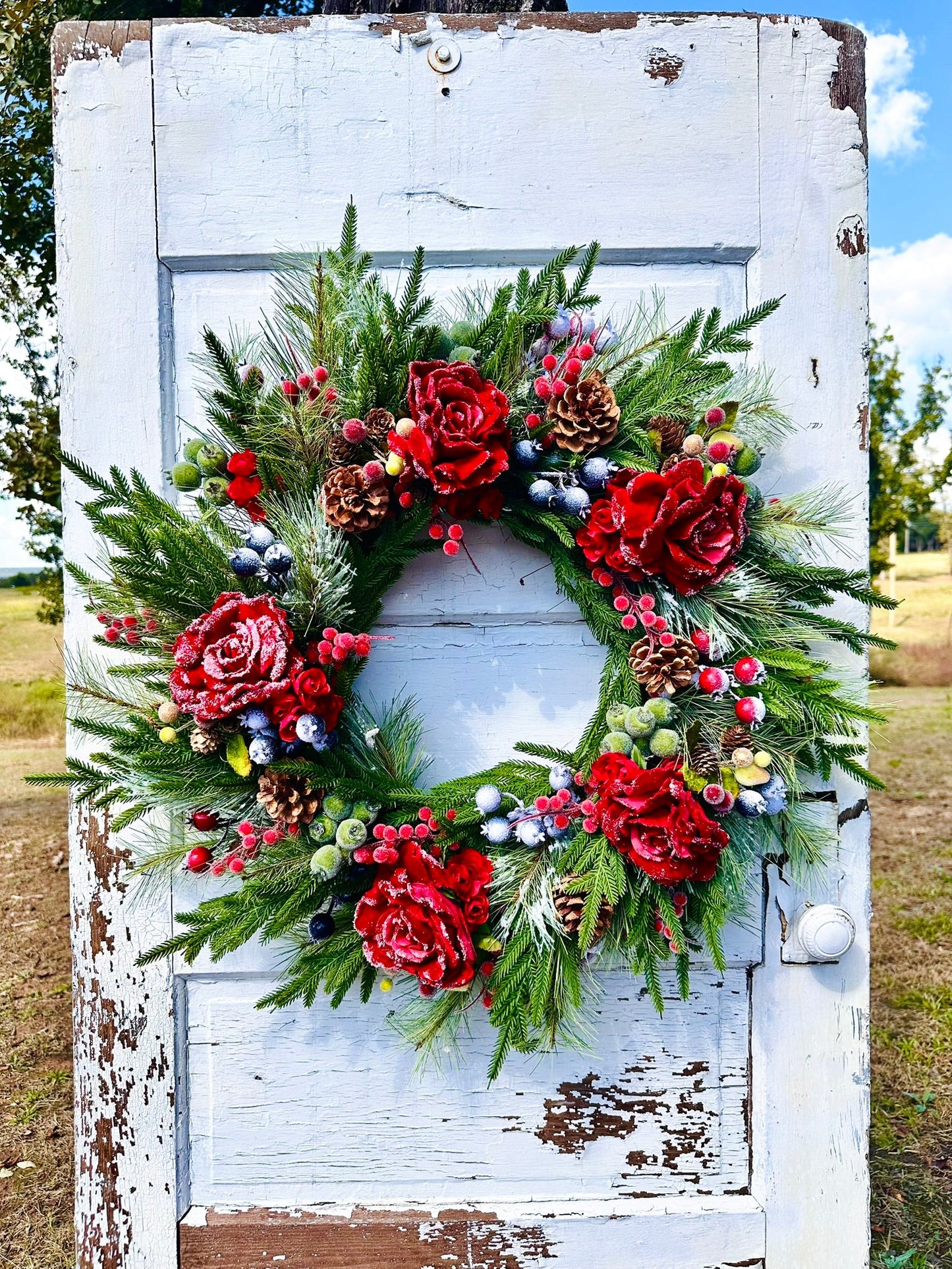 Red Snowy Rose & Mixed Fruit Christmas Wreath | 30" Winter Grapevine Wreath TCT Crafts