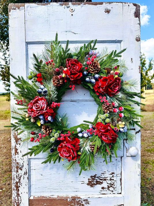 Red Snowy Rose & Mixed Fruit Christmas Wreath | 30" Winter Grapevine Wreath TCT Crafts