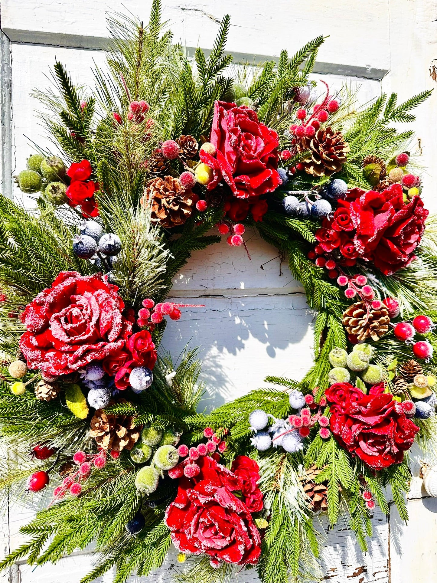 Red Snowy Rose & Mixed Fruit Christmas Wreath | 30" Winter Grapevine Wreath TCT Crafts