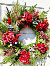 Red Snowy Rose & Mixed Fruit Christmas Wreath | 30" Winter Grapevine Wreath TCT Crafts