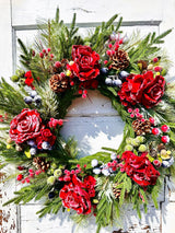Red Snowy Rose & Mixed Fruit Christmas Wreath | 30" Winter Grapevine Wreath TCT Crafts