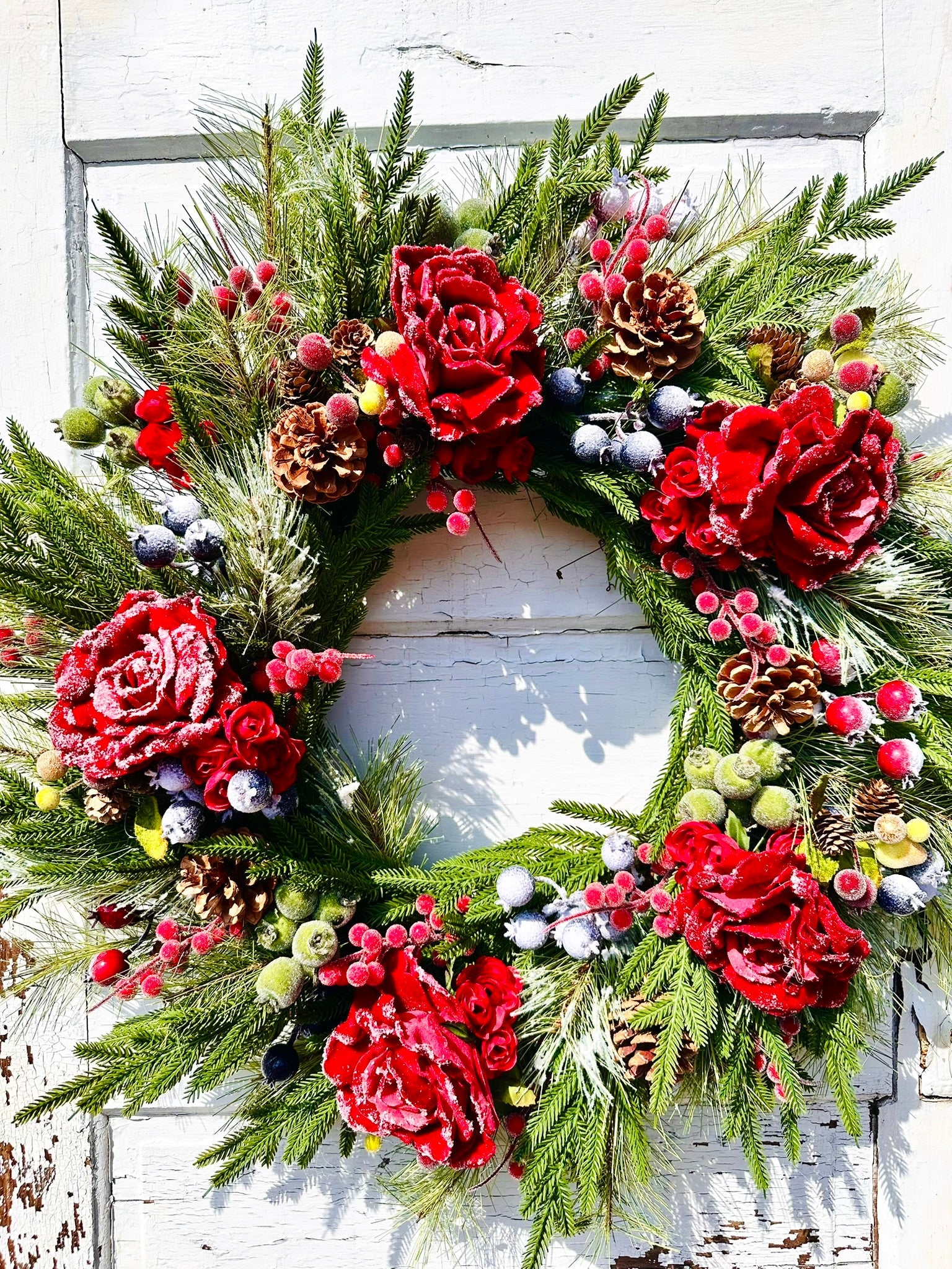 Red Snowy Rose & Mixed Fruit Christmas Wreath | 30" Winter Grapevine Wreath TCT Crafts