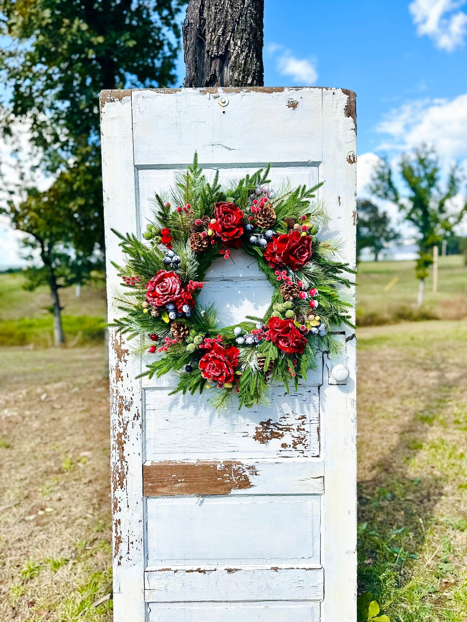 Red Snowy Rose & Mixed Fruit Christmas Wreath | 30" Winter Grapevine Wreath TCT Crafts