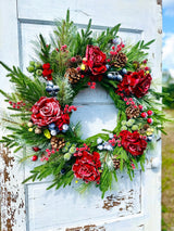 Red Snowy Rose & Mixed Fruit Christmas Wreath | 30" Winter Grapevine Wreath TCT Crafts