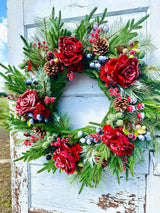 Red Snowy Rose & Mixed Fruit Christmas Wreath | 30" Winter Grapevine Wreath TCT Crafts