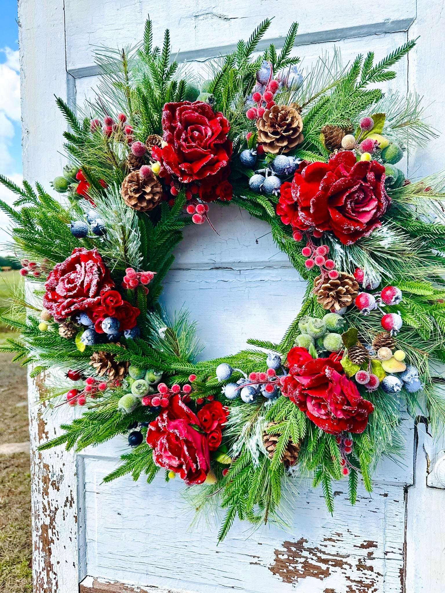 Red Snowy Rose & Mixed Fruit Christmas Wreath | 30" Winter Grapevine Wreath TCT Crafts