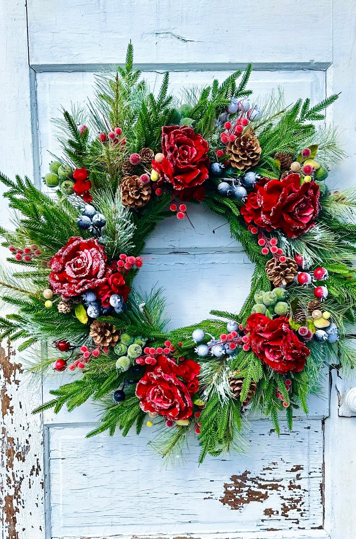Red Snowy Rose & Mixed Fruit Christmas Wreath | 30" Winter Grapevine Wreath TCT Crafts