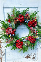 Red Snowy Rose & Mixed Fruit Christmas Wreath | 30" Winter Grapevine Wreath TCT Crafts