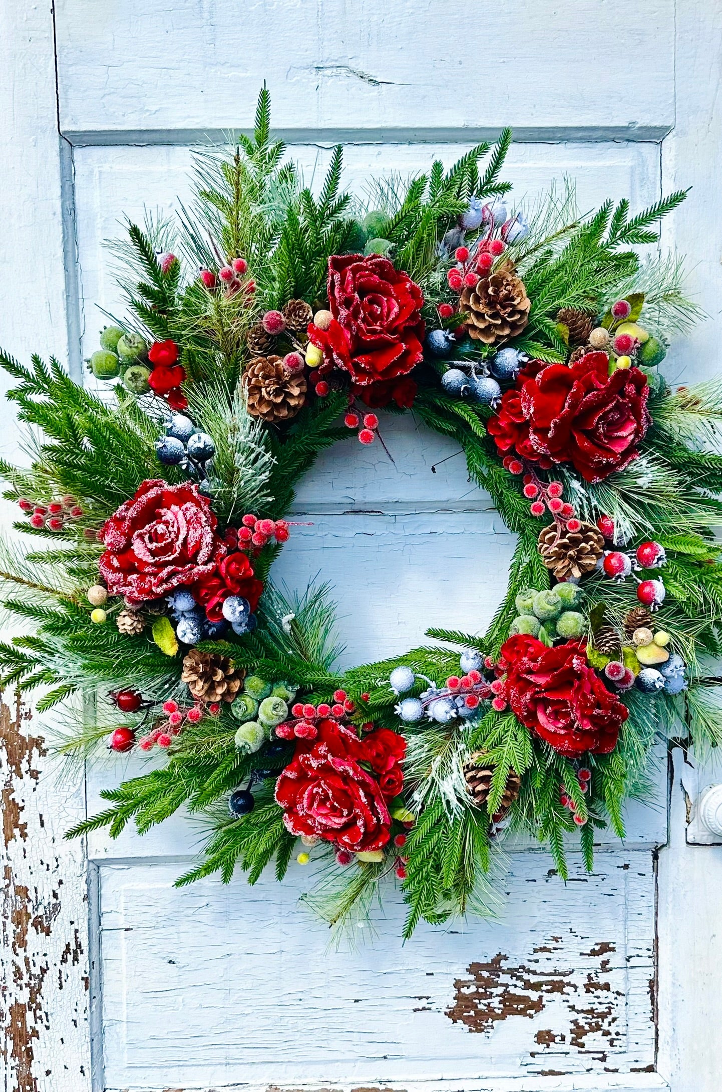 Red Snowy Rose & Mixed Fruit Christmas Wreath | 30" Winter Grapevine Wreath TCT Crafts