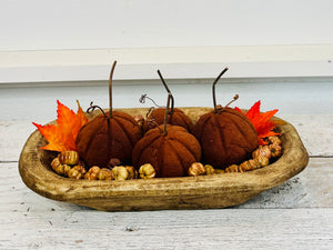 Handmade Primitive Cinnamon Pumpkin Set with Spice-Scented Putka Pods in Wooden Dough Bowl, Fall Vignette Decor by TCT Crafts