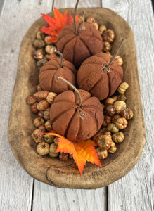 Handmade Primitive Cinnamon Pumpkin Set with Spice-Scented Putka Pods in Wooden Dough Bowl, Fall Vignette Decor by TCT Crafts