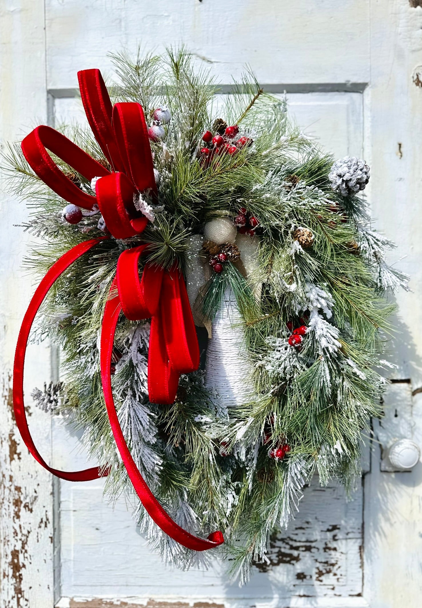 Winter Angel Grapevine Wreath – Elegant 32"x22" Christmas Wreath with Red Velvet Bow & Pine Sprays for Front Door Decor TCT Crafts