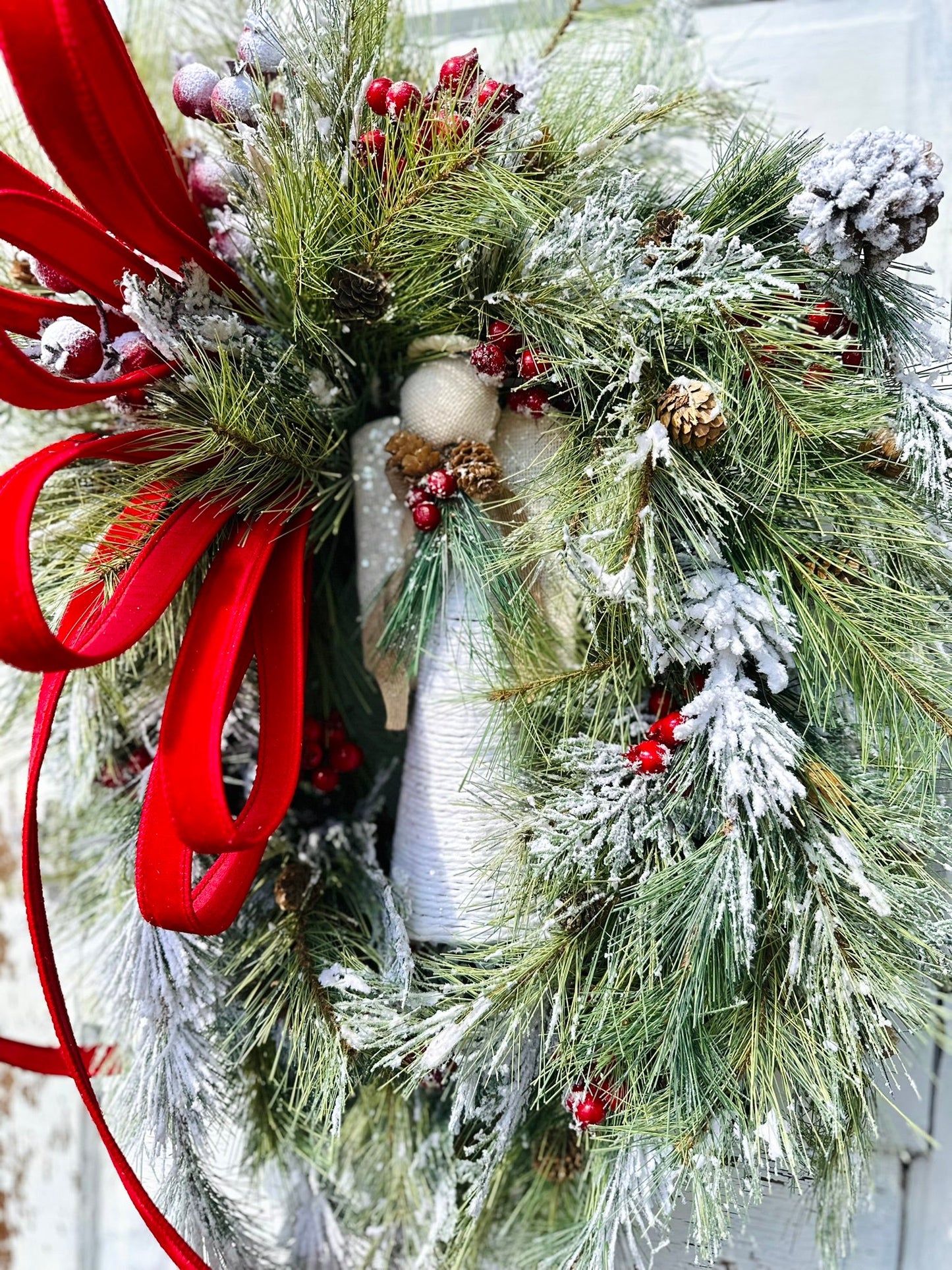 Winter Angel Grapevine Wreath – Elegant 32"x22" Christmas Wreath with Red Velvet Bow & Pine Sprays for Front Door Decor TCT Crafts