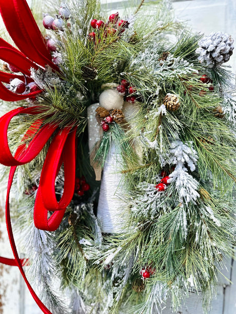 Winter Angel Grapevine Wreath – Elegant 32"x22" Christmas Wreath with Red Velvet Bow & Pine Sprays for Front Door Decor TCT Crafts