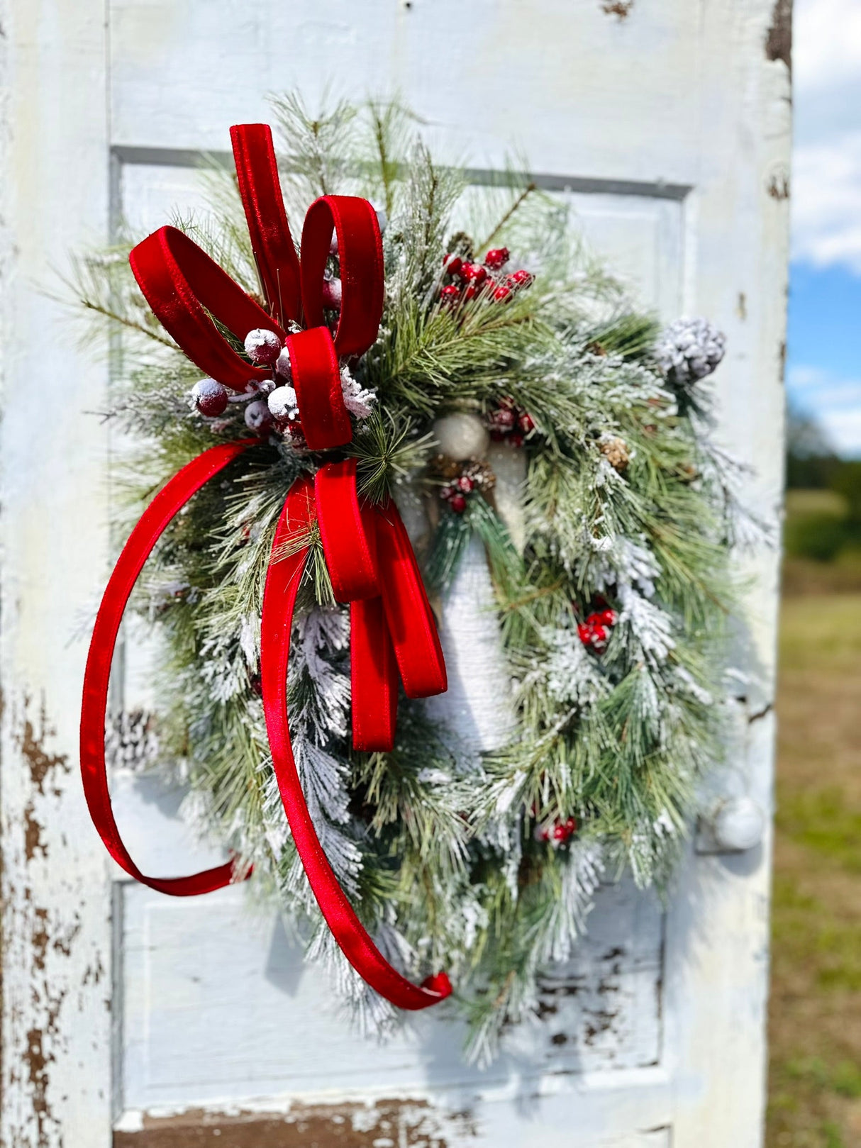Winter Angel Grapevine Wreath – Elegant 32"x22" Christmas Wreath with Red Velvet Bow & Pine Sprays for Front Door Decor TCT Crafts