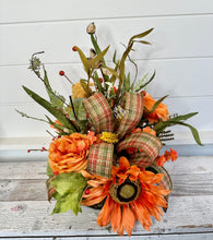 Load image into Gallery viewer, Vibrant 17x12 Orange Sunflower Arrangement for Fall Decor, Artificial Autumn Tabletop Floral with Rustic Plaid Ribbon Accent