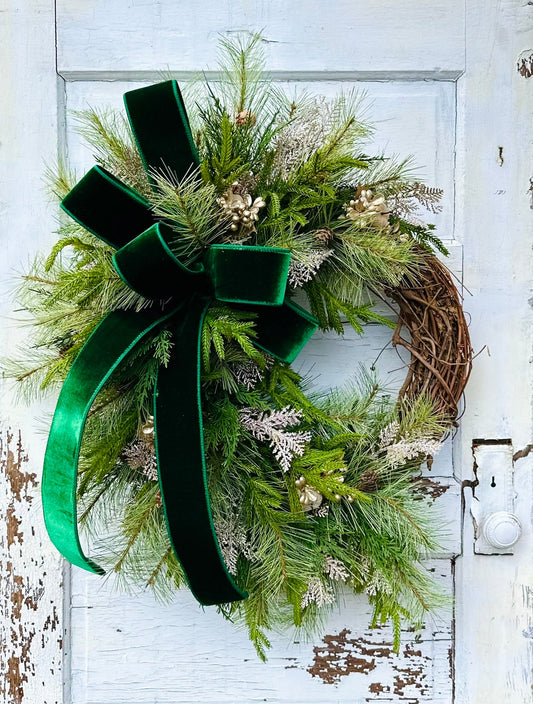 Elegant Green & Gold Grapevine Pine Christmas Wreath | Velvet Ribbon Winter Holiday Wreath | 33"x24" Classic Front Door Decor TCT Crafts