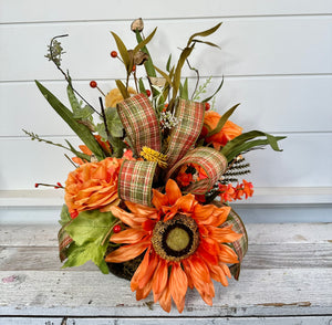 Vibrant 17x12 Orange Sunflower Arrangement for Fall Decor, Artificial Autumn Tabletop Floral with Rustic Plaid Ribbon Accent