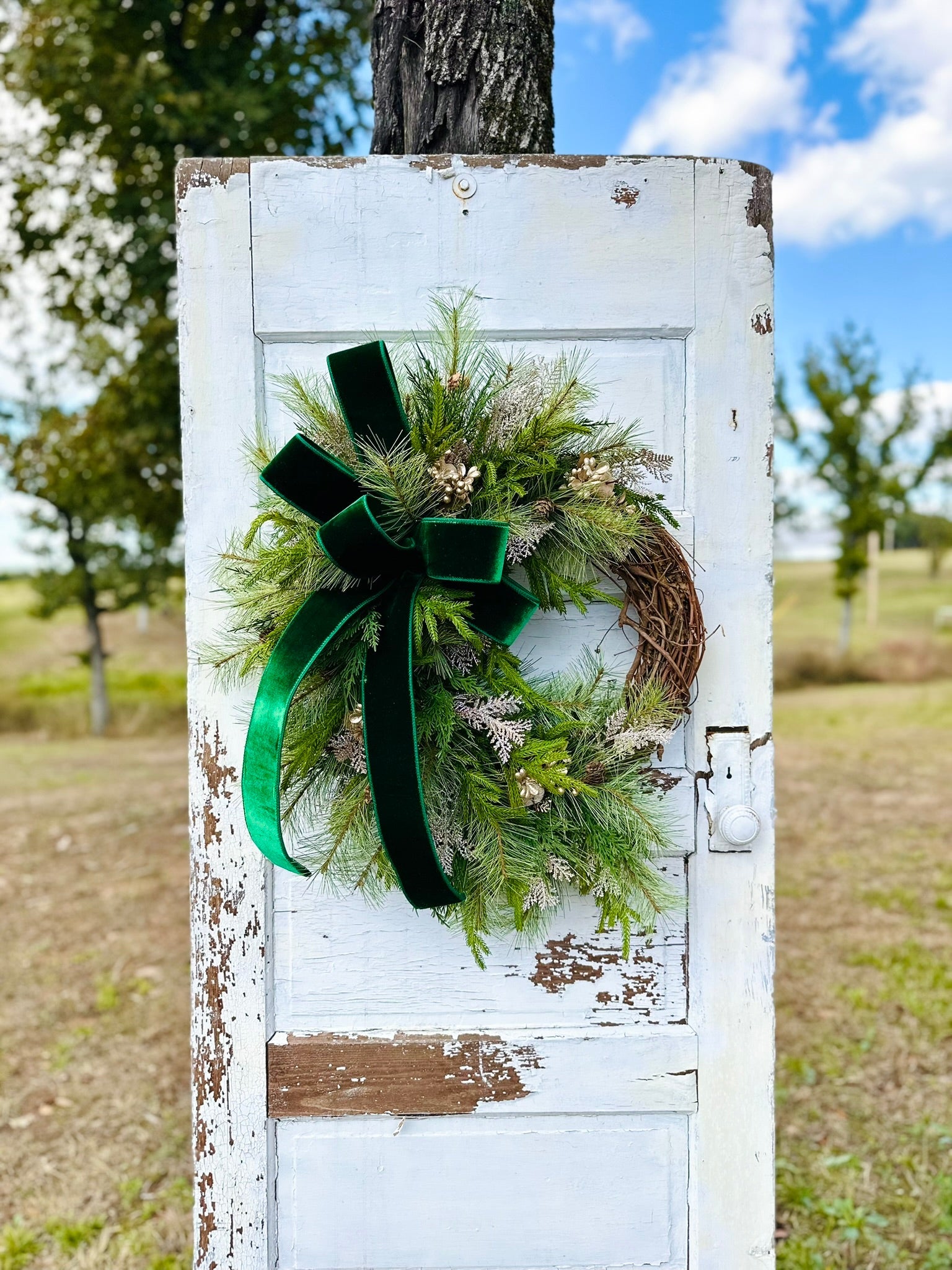 Elegant Green & Gold Grapevine Pine Christmas Wreath | Velvet Ribbon Winter Holiday Wreath | 33"x24" Classic Front Door Decor TCT Crafts