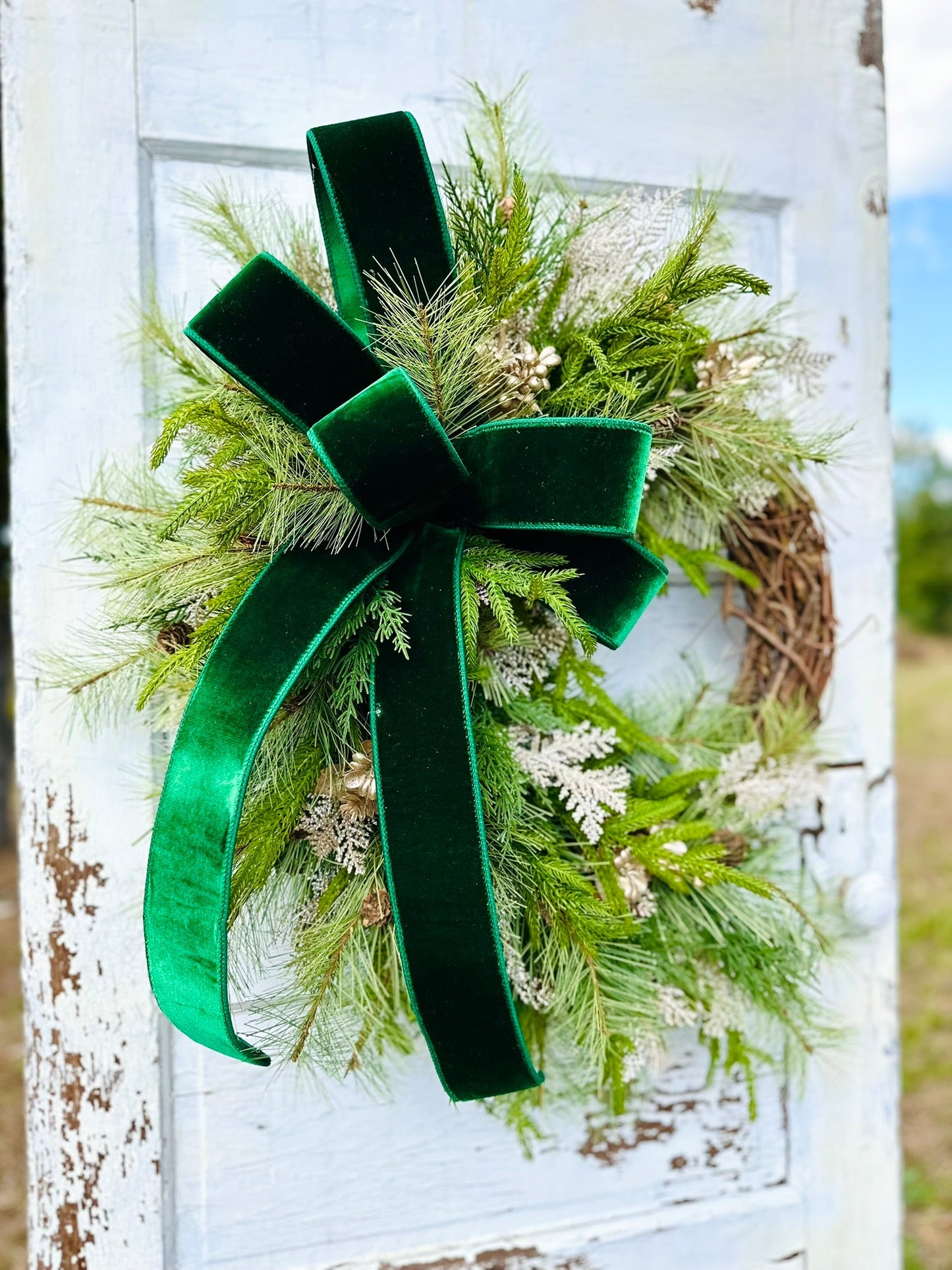 Elegant Green & Gold Grapevine Pine Christmas Wreath | Velvet Ribbon Winter Holiday Wreath | 33"x24" Classic Front Door Decor TCT Crafts