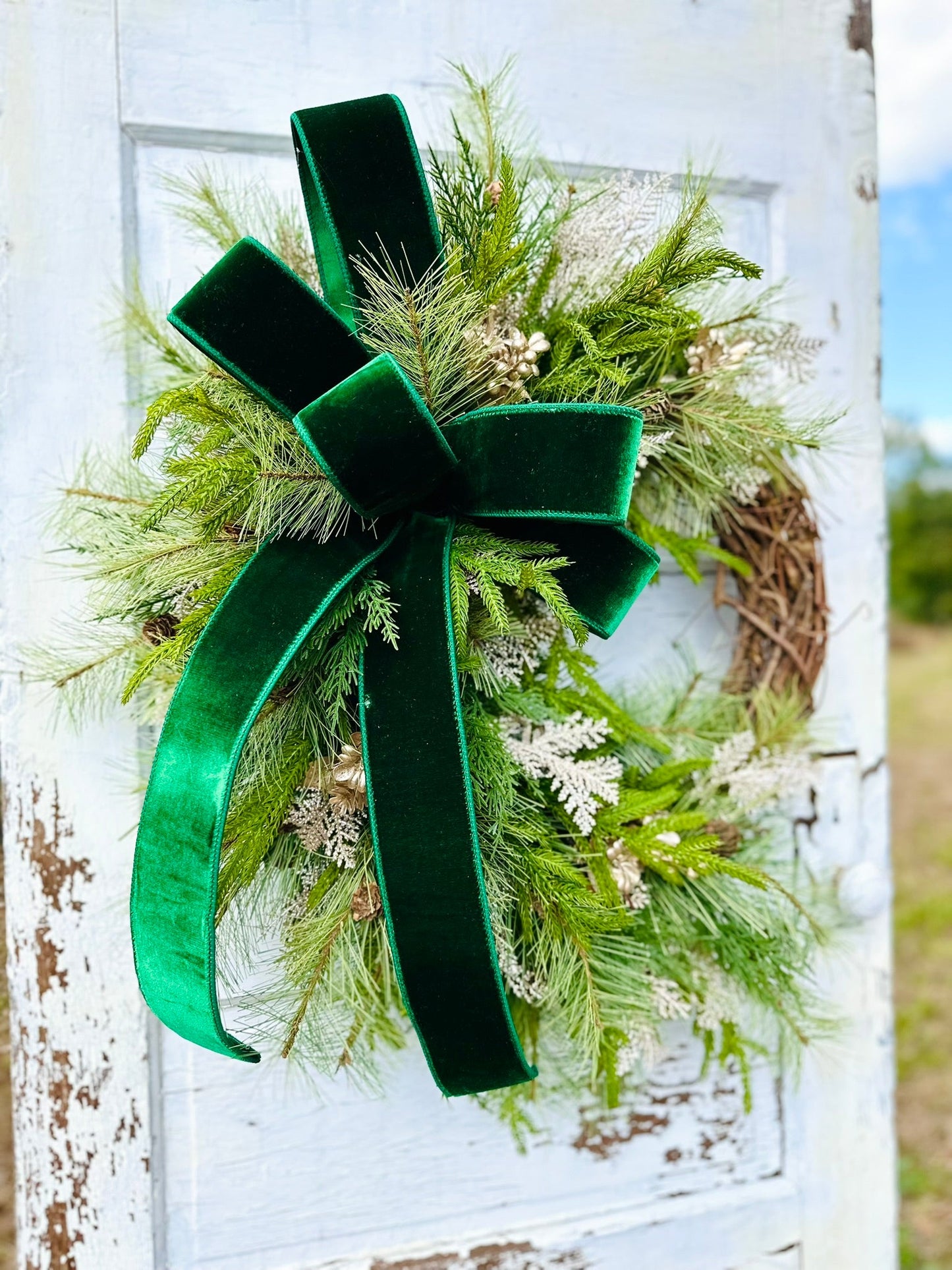 Elegant Green & Gold Grapevine Pine Christmas Wreath | Velvet Ribbon Winter Holiday Wreath | 33"x24" Classic Front Door Decor TCT Crafts