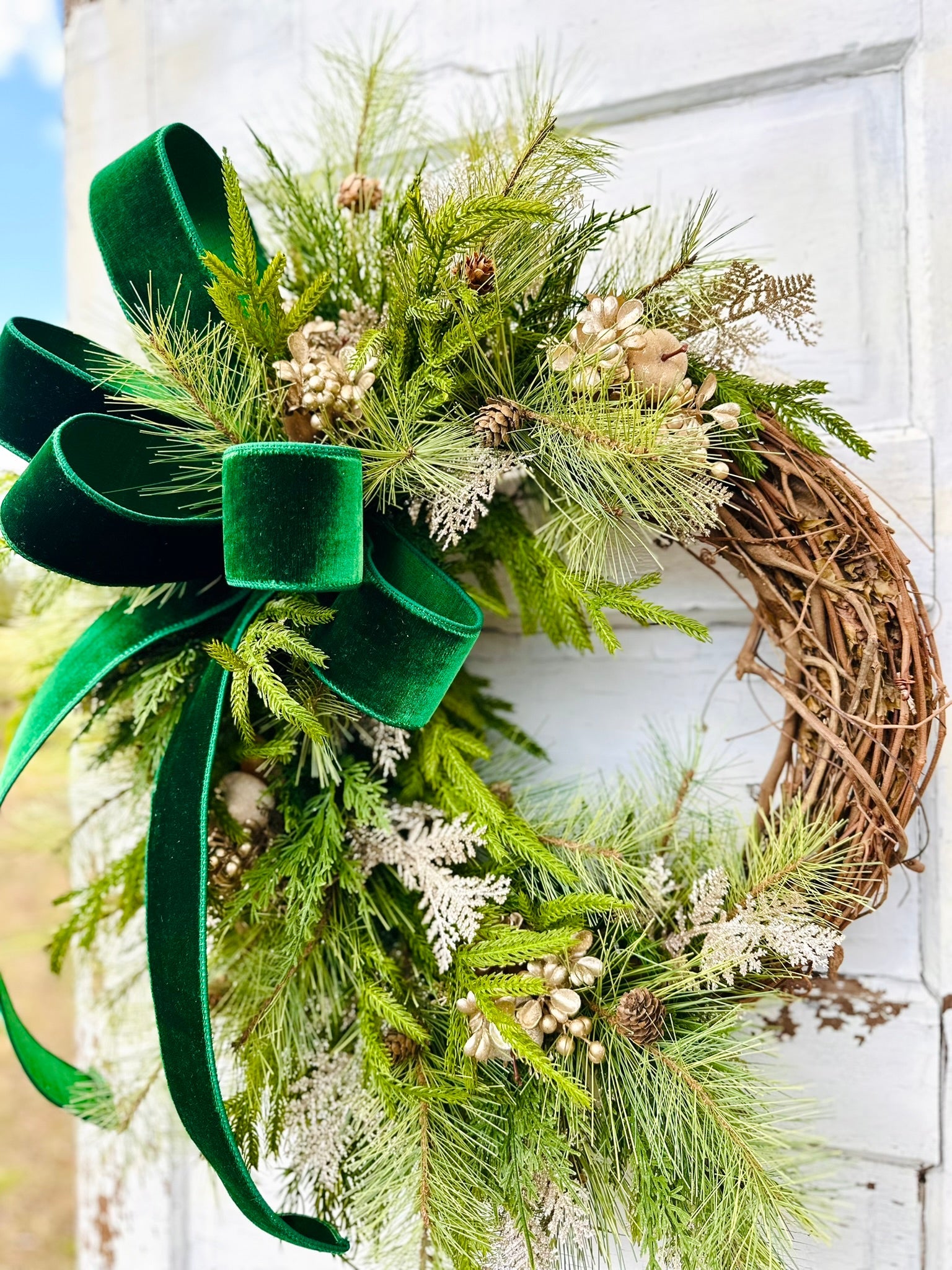 Elegant Green & Gold Grapevine Pine Christmas Wreath | Velvet Ribbon Winter Holiday Wreath | 33"x24" Classic Front Door Decor TCT Crafts