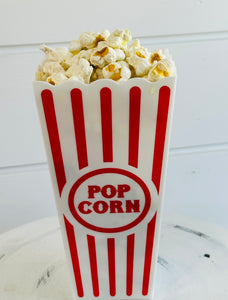 Classic 8-Inch Faux Popcorn Box Prop for Movie Room Decor, Non-Edible Clay and Resin Popcorn, Home Theater Accessory - Carnival Props