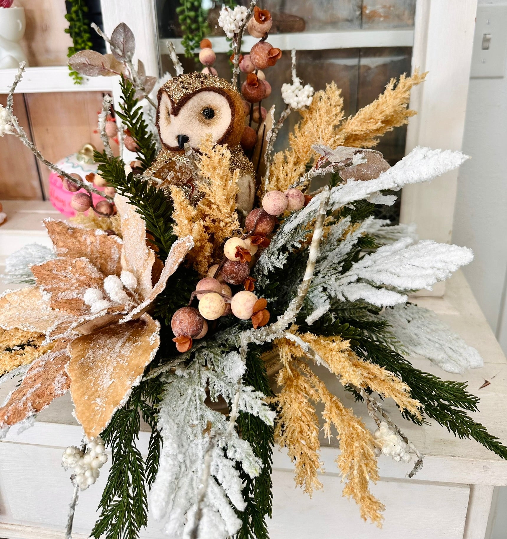 Rustic Woodland Owl Winter Arrangement | 21"x18" Chalet Christmas Centerpiece TCT Crafts