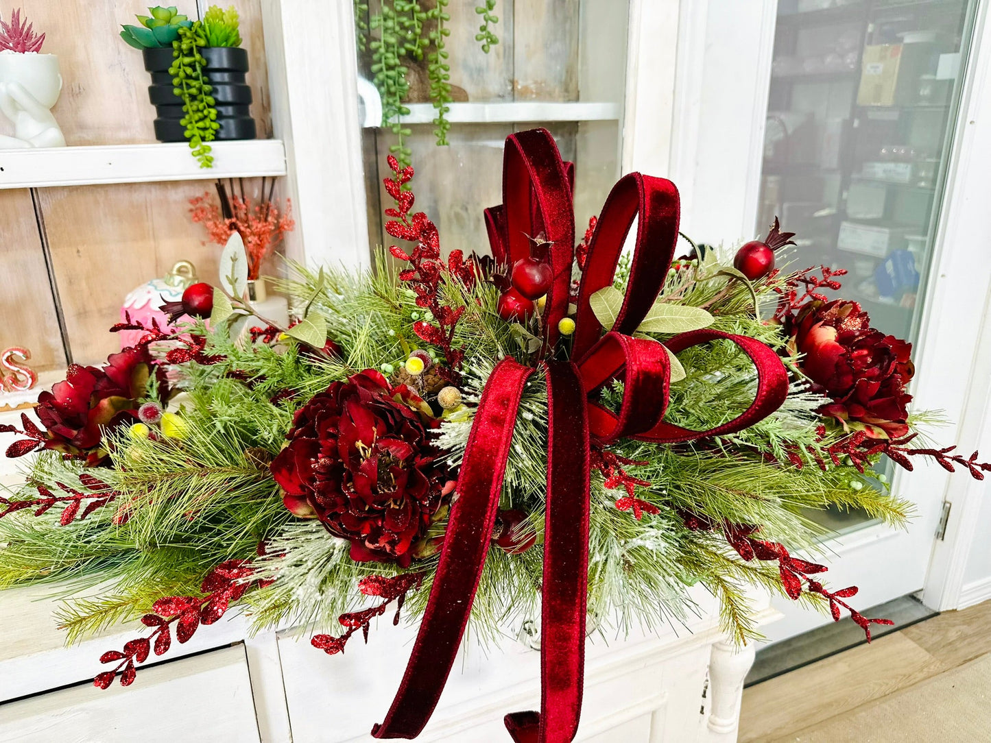 Deluxe Burgundy Peony Christmas Centerpiece – Elegant Velvet Holiday Floral Swag TCT Crafts