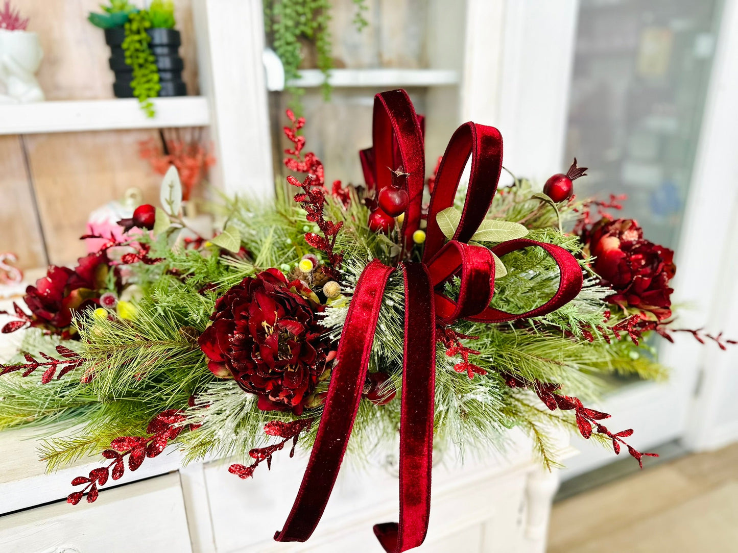 Deluxe Burgundy Peony Christmas Centerpiece – Elegant Velvet Holiday Floral Swag TCT Crafts