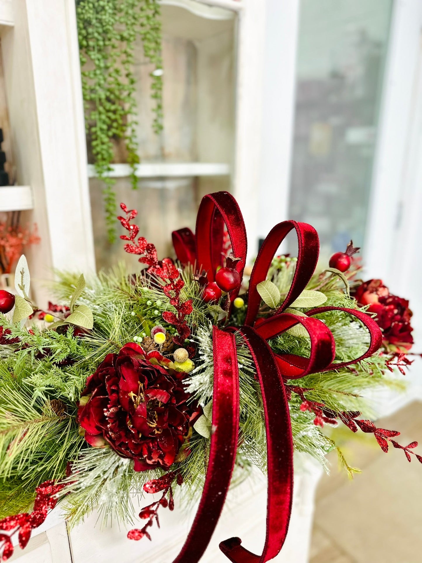 Deluxe Burgundy Peony Christmas Centerpiece – Elegant Velvet Holiday Floral Swag TCT Crafts