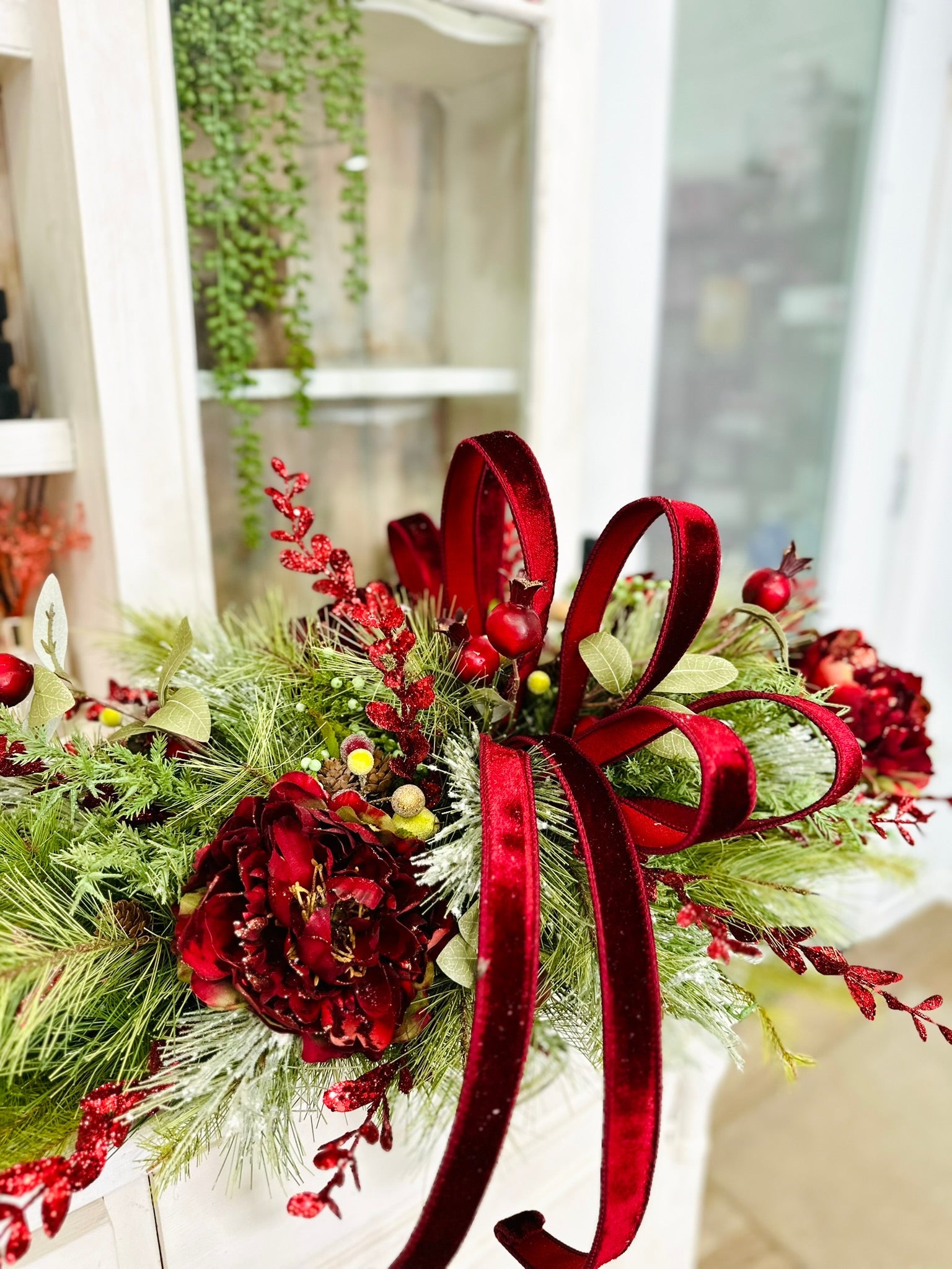Deluxe Burgundy Peony Christmas Centerpiece – Elegant Velvet Holiday Floral Swag TCT Crafts