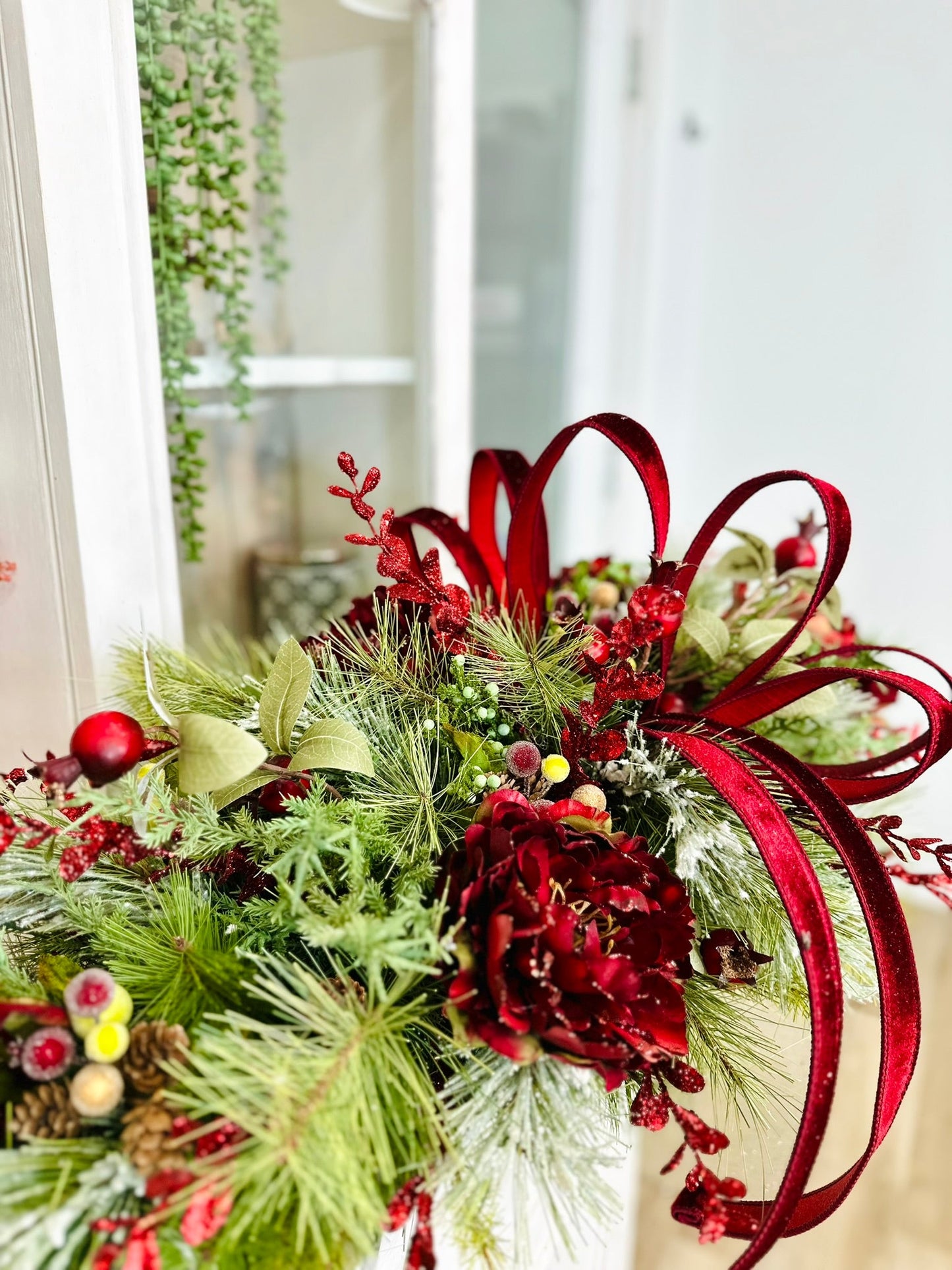 Deluxe Burgundy Peony Christmas Centerpiece – Elegant Velvet Holiday Floral Swag TCT Crafts