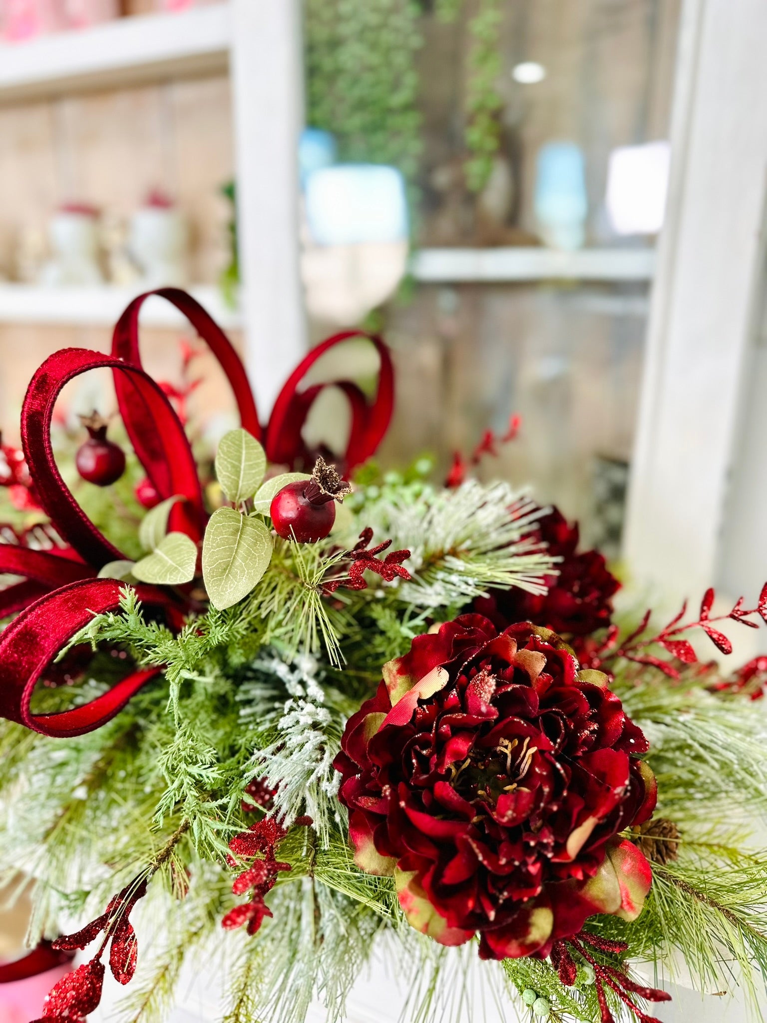 Deluxe Burgundy Peony Christmas Centerpiece – Elegant Velvet Holiday Floral Swag TCT Crafts